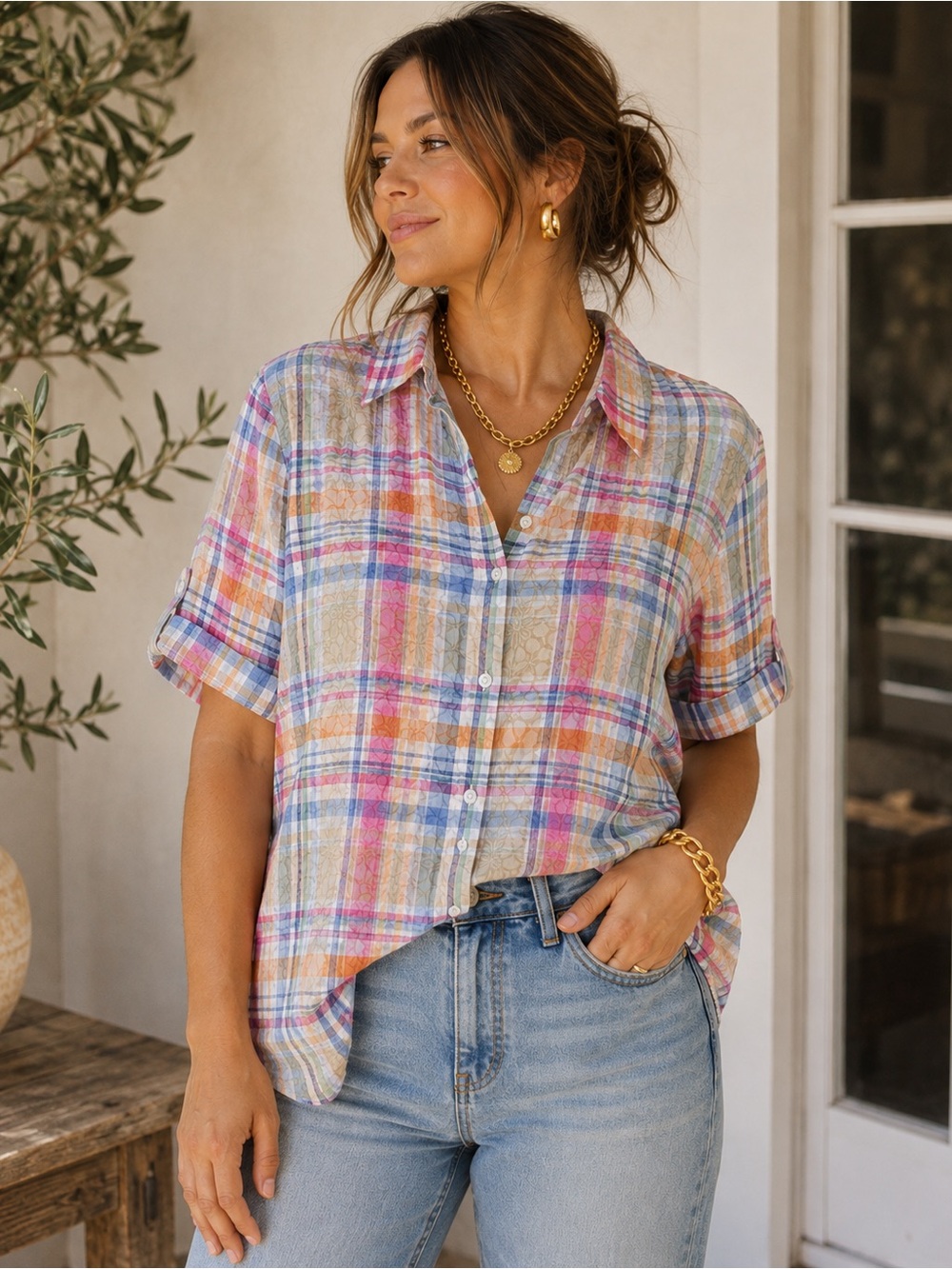 Alfred Dunner Plaid Button-Up Shirt | Size Large | 23.5” PTP